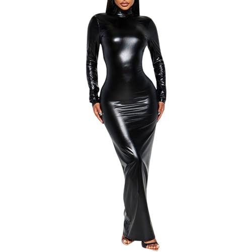Générique Robe Robe Casual Femme Fine Dos Métallique Cuir Moulante Mode Élégante (Black, S)
