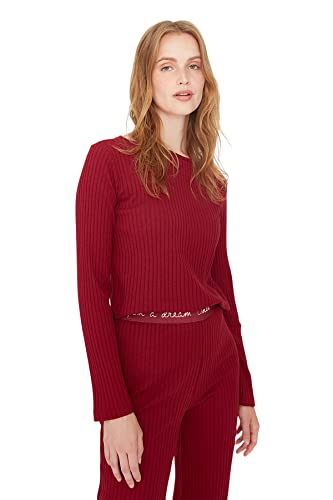 TRENDYOL Damskie jednokolorowe paski na środku tkanina t-shirtowa, piżama, zestaw 2 sztuk, Bordeaux, L