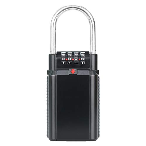 BenRich Key Lock Box for Outside, Wall Mounted Key Safe Box, 4 Digit Resettable Combination Key Storage Box with Loop Shackle Padlock, 5 Key Capacity - Black