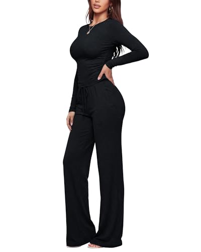 Image of ZOOSIXX Lounge Sets for Women - 2 Piece Outfits Crop Tops with Fold Over Flare Leggings Fall Loungewear Fitted Pajama