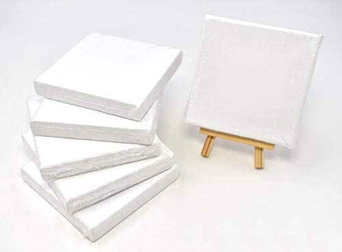 RayLineDo® Set of 6pcs Mini Artist Blank Canvas Frame 4x4inch (10x10cm) Oil Water Painting Board Flat Canvas with 1pc Mini Wood Display Easel