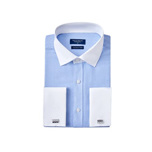 Year In Year Out French Cuff Wrinkle Free Dress Shirt for Men Regular Fit Long Sleeve Wrinkle Resistant Shirt(Blue White 172,M)