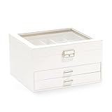GUOER Jewelry Box with Glass Lid 3-Layer Jewelry Organizer Box for Women Girl Wife, 2 Drawers Clear Top Jewelry Organizer Case Elegant White