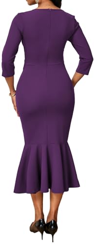 Image of Elegant Dress for Women Sexy V Neck Long Sleeve Bodycon Midi Fishtail Dresses