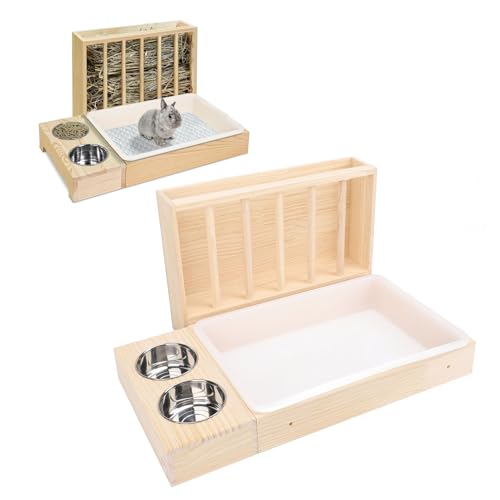 Holz Heu-Futterstation für Kaninchen mit Katzentoilette, 2 Schüsseln, Ideal für Chinchillas, Meerschweinchen, Hamster & Zwergkaninchen