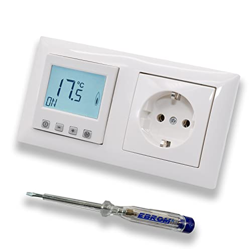 Halmburger Raumthermostat Raumtemperaturregler ERD-55rg DIGITAL in Busch Jäger Balance Si alpinweiß Rahmen + Steckdose 20EUC-914 + EBROM Phasenprüfer zur Montage der Geräte ERD-55 (rg) Fußbodenheizung