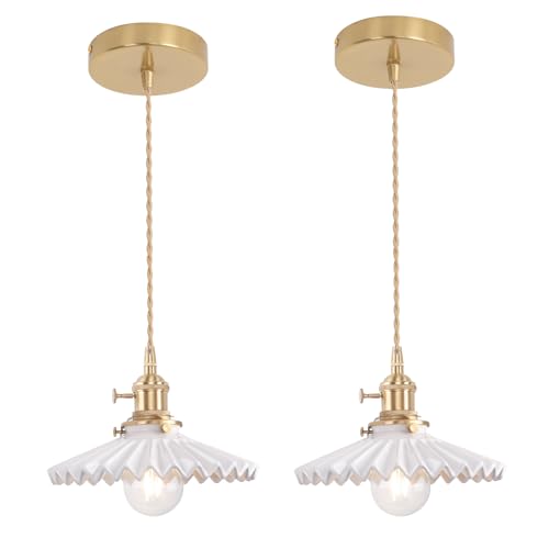 Image of Shenmoyl Pendant Light 2 Pack with White Pleated Ceramic Lmapshade, Brass Vintage Pendant Light Adjustable Hanging Light for Kitchen Island Dining Room Hallway