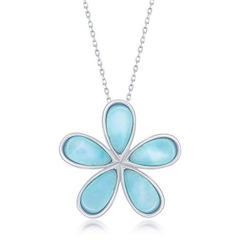 Daisy Flower Caribbean Natural Larimar Gemstone Sterling Silver Pendant 18 Necklace Jewelry for Women or Teens