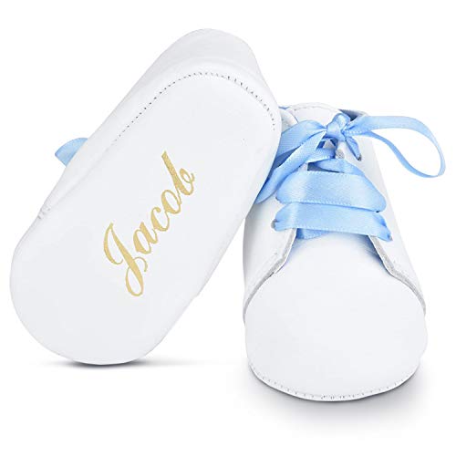 BabyShoe Personalized Baby Boy Christening Shoes – Baptism Leather Lace Up with Hand Embossed Name & Date – Special Occasion Newborn Church Shoes with Blue Ribbon