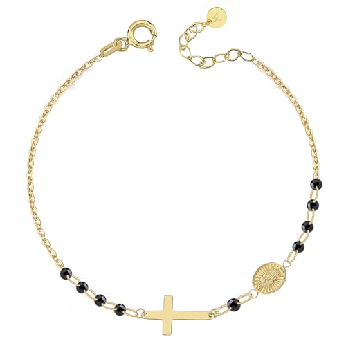 Image of MIONZA Catholic Medal Cross Bracelet for Women | 14K Gold Plated or Solid Gold, Religious Rosary Jewelry, Choose Your Saint Medal Bracelet