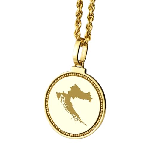 WORLD WIDE GEMS Pendentif rond en argent sterling 925 gravé d'une carte de la Croatie (25 mm), plaqué or, bijou de voyage unisexe | WW_EGMP_0151
