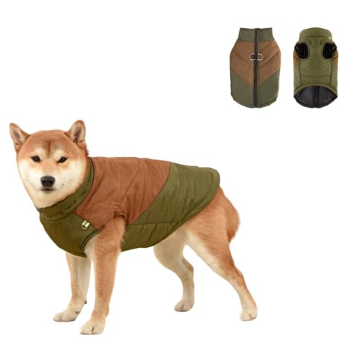 Dog Winter Warm Coat with D-Ring,Slightly Waterproof Pet Color Blocking Jacket Dog Cold Weather Clothing for Small Medium Large Dogs_2XL(Army Green & Khaki)