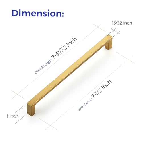 Image of Ravinte Brushed Gold Kitchen Cabinet Solid Handles,7-1 /2 Inch,5 Pack | Solid Zinc Alloy, Modern Slim Style, Square Design, Deep-Thread Firm Base, Screws Included, for Kitchen Drawers & Cupboards