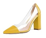 SAMMITOP Women's Pointed Toe Chunky Heel Pumps Transparent High Heel Party Dress Shoes, Matte Yellow, 5