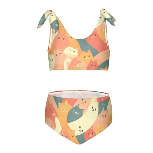 KLL Cute Cat Cartoon Illustration Girls' Two Piece Bikini Set Beach Swimsuits Swimming Suits Adjustable Shoulder Strap