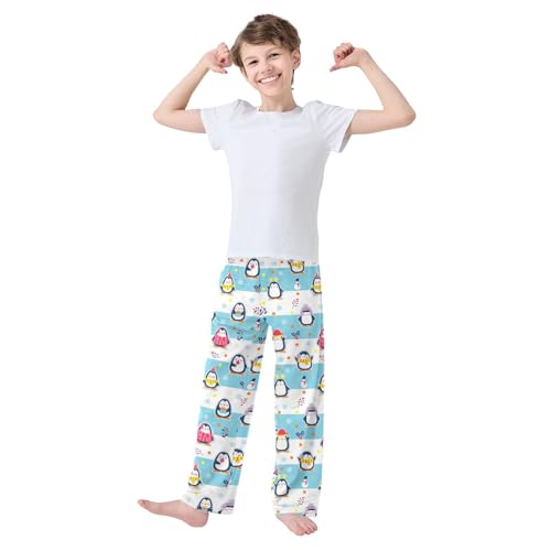 Penguin Snowman Striped Boys Long Pants Soft Trousers Elastic Waist Kids Lounge Bottoms with Pockets S-XL2