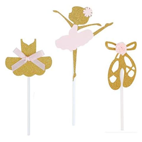 24 Pack of Glitter Gold Ballerina Ballet Slippers Tutu Dress Cupcake Toppers Cover