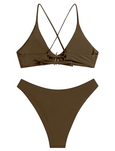 Image of ZAFUL Women's Tie Back Padded High Cut Bralette Bikini Set Two Piece Swimsuit