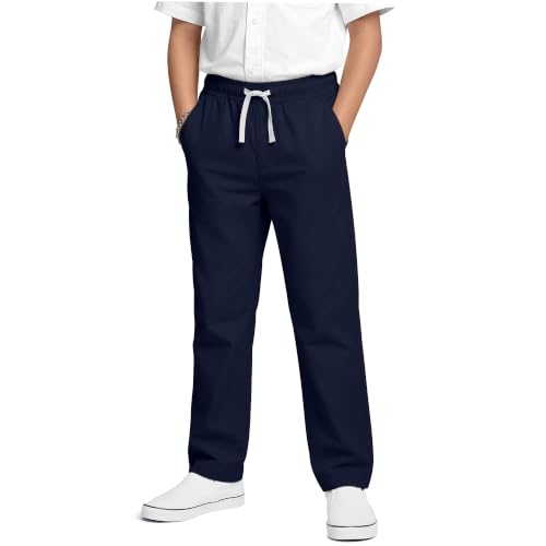 YooAurvox Boys School Uniform Pants Elastic Waistband Stretch Straight Leg Trousers Teen School Pants with Pockets for 6-16 Y(14-16 Years,Navy Blue)