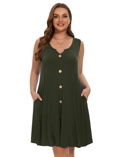 Image of LARACE Women Plus Size Summer Dresses V Neck Sleeveless A Line Sundresses Button Down Midi Dress with Pockets