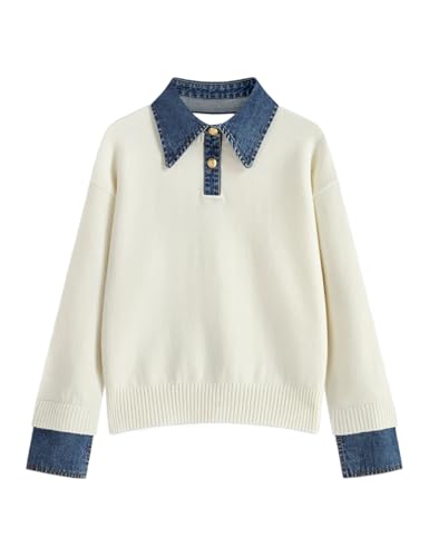 Womens Fall Oversized Long Sleeve Sweaters 2 in 1 Denim Panel Lapel Sweater Polo Knit Sweater Tops(White-S)
