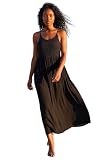 Roman Lace Bodice Shirred Midi Dress for Women UK - Ladies Spring Everyday Summer Holiday Round Neckline Comfy Sleeveless Soft Fit & Flare Frock Vacation Gowns - Black - Size 10