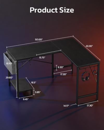 Image of Simple Deluxe L-Shaped Corner Desk with PC Stand, Storage Bag & Hooks - Reversible, Sturdy Steel Frame, Waterproof Top, 4 Colors (Black)