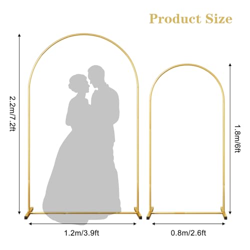 Image of RUBFAC Metal Arch Backdrop Stand Set of 2 (6FT & 7.2FT), Gold Wedding Arch Frame Balloon Stand for Birthday Baby Shower Anniversary Bridal Graduation Indoor Outdoor Party Decoration