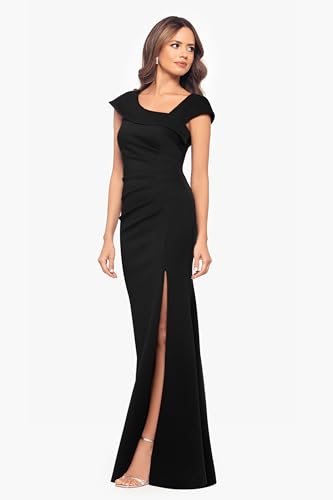 Image of Xscape Women's Long Bodycon Formal Evening Gown with Cap Sleeves, Asymmetrical Neckline, Ruched Bodice and Front Slit