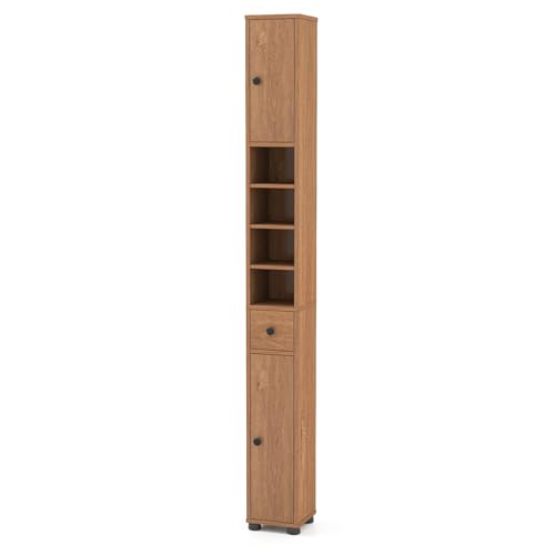 COSTWAY Badschrank schmal, Badezimmerschrank mit 2 Türen, 1 Schublade & verstellbaren Regalen, Bad Hochschrank platzsparend für Badezimmer, Wohnzimmer, 20 x 20 x 180 cm (Mit 4 Ablagen,Natur)