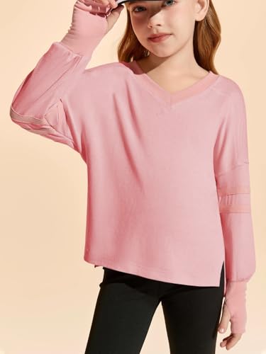 Image of Haloumoning Girls Sweatshirt Casual Long Sleeve V Neck Cute Tops Kids Oversized Tshirts with Thumbholes 4-14Y Pink, 5-6 Years