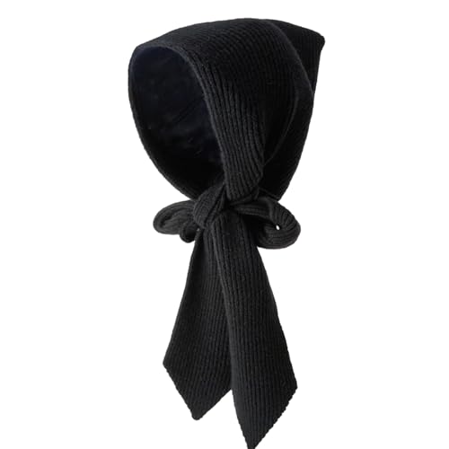 Women Solid Color Crochet Hooded Scarf Hat for Skiing Hiking l Lady Windproof Shawl Hat with Ear Flap