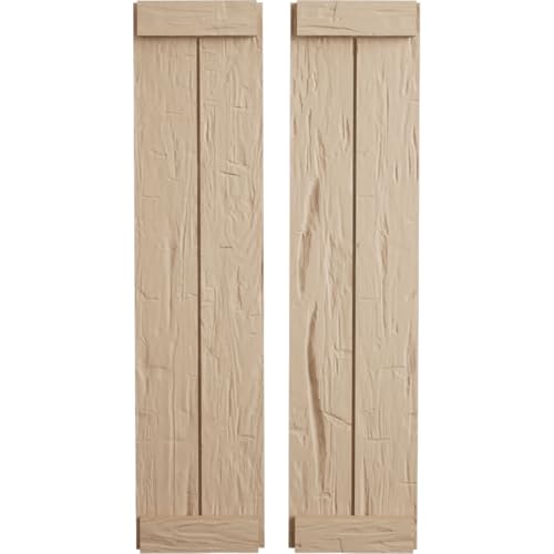 Ekena Millwork 11"W x 78"H Rustic Two Board Joined Board-n-Batten Hand Hewn Faux Wood Shutters w/End Batten (Per Pair), Primed Tan