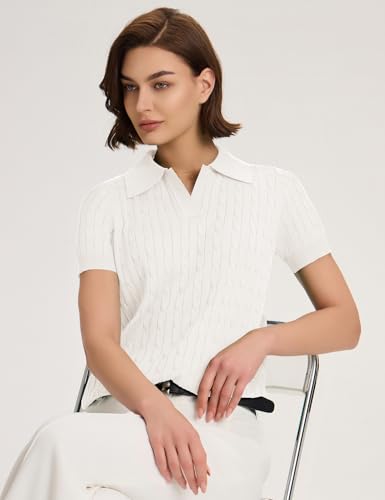 Image of Micoson Womens Short Sleeve Sweater Tops Lapel V Neck Polo Shirts 2026 Summer Cable Knit Loose Blouse Business Casual Outfits