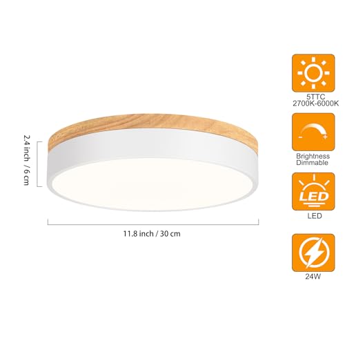 Yiisem Dimmable Wood LED Flush Mount Ceiling Light, 2700K-6000K Selectable Modern Round Close to Ceiling Lighting Fixtures, Minimalist White Ceiling Lamp for Bedroom, Kitchen, Hallway, Laundry Room by Yiisem - Image 5