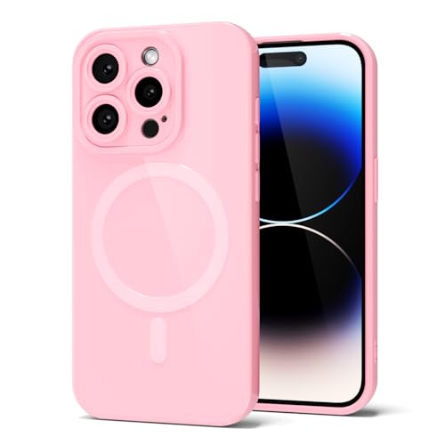 Coque silicone iPhone 14 Pro rose mignonne et brillante avec protection caméra compatible Magsafe