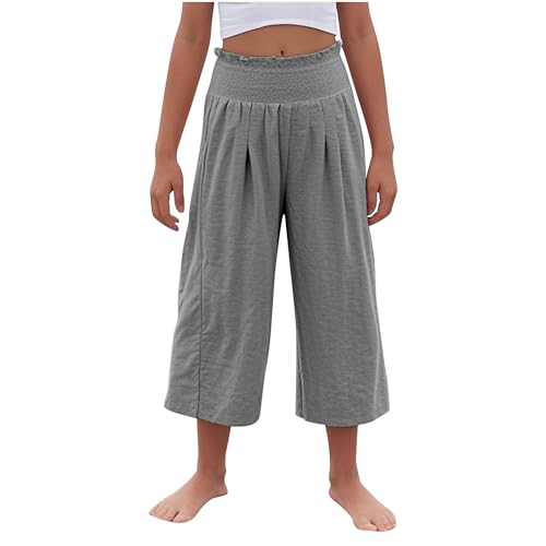 Girls Capri Pants Summer Cotton Linen Wide Leg Palazzo Pants Kids High Waisted Casual Yoga Athletic Cropped Trousers4