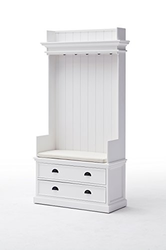 Novasolo Halifax Pure White Mahogany Wood Entryway Coat Rack With 5 Hooks, Cushion, Top Storage And 2 Drawers #TOP3
