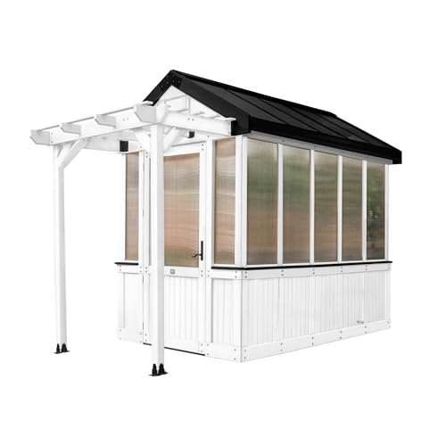 Image of Backyard Discovery Bellerose 9' x 6' White Cedar Wood and Polycarbonate Walk-in Greenhouse Kit with Pergola, Exhaust Fan, Window, Hose Hook-Ups, PowerPort, Staging Shelves for Outdoor Gardening