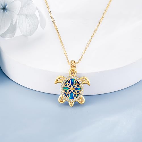 ELFRONT 14K Gold Turtle Necklace for Women Real 14K Yellow Gold Sea Turtle Celtic Knot Opal Pendant Necklace Animal Jewelry Gifts for Women4