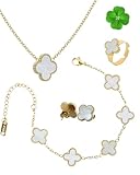 Omicow Four Leaf Clover Jewelry Set – Clover Necklace, Clover Bracelet, Earrings & Adjustable Ring, Strengthened Chain & Clover Design, Perfect Jewelry Set for Women - White