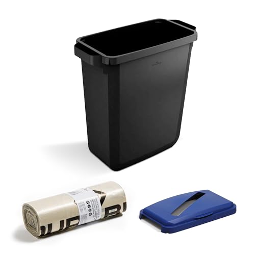 DURABIN - Cubo de basura rectangular negro de 60 litros y tapa con bisagras azules con ranura para papel y 25 bolsas de basura de 110 L, bolsa de plástico resistente para reciclaje de basura, segura