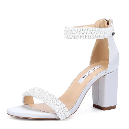 Image of Block Heel Wedding Sandals Pearl Heels Open Toe Wedding Shoes for Bride Bridal Shoes