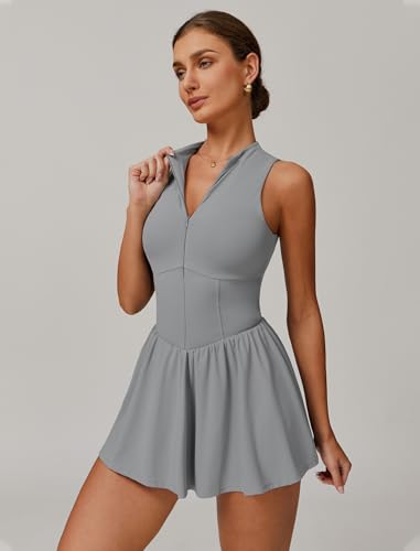 Women Sleeveless Zip Front Tennis Yoga Dresses Slim Fit Summer Built in Shorts Golf Athletic Dress with Pockets2