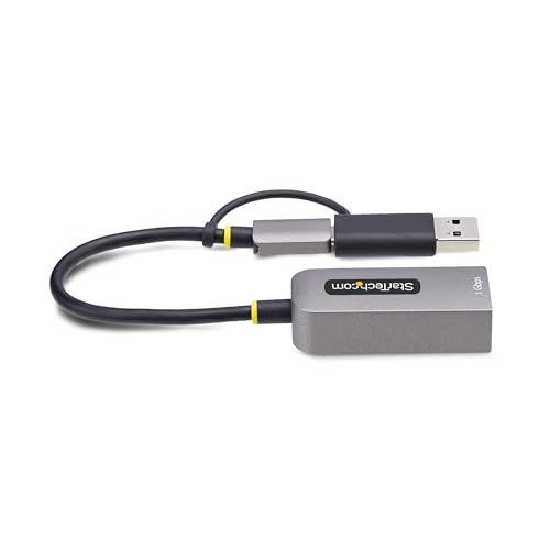 Image of StarTech USB-C to GbE Ethernet Adapter, 10 /100 /1000Mbps, USB-A Dongle | USB GbE Adapter, 6in /15cm Attached Cable, Status LEDs, C21GA-USB-ETHERNET