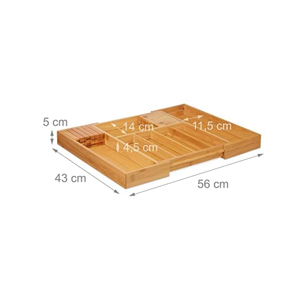 Relaxdays Besteckkasten Bambus, ausziehbar, 2 Messerblöcke, Schubladeneinsatz mit 5-7 Fächern, HBT 5 x 56 x 43 cm, natur, Hellbraun – Bild 5