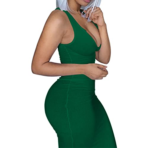 Image of Women Bodycon Maxi Tank Dress, Sexy Deep U Neck Ribbed Solid Color Party Wrap Long Dresses