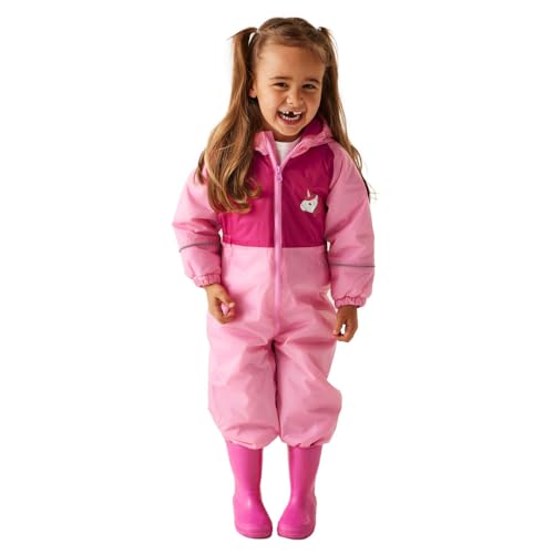 Image of Regatta Kids Mudplay III Waterproof Puddle Suit Hooded Reflective Breathable Rainsuit Pink