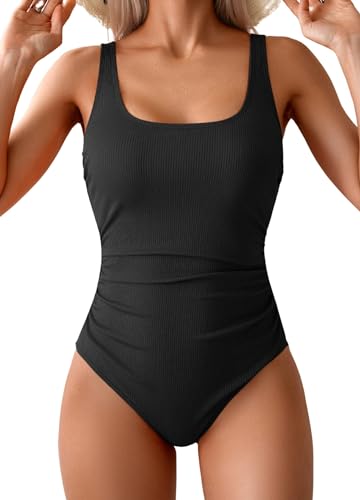 One Piece Swimsuit for Women Ribbed Tummy Control Bathing Suit Ruched Swim Suit Slimming Swimwear