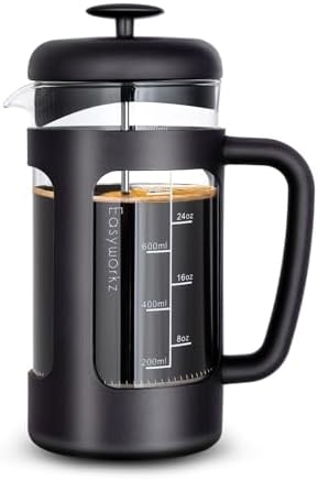 Easyworkz フレンチプレス 耐熱ガラス コーヒー & ティー専用 ソフトグリップ 1000ml (8カップ) ブラック